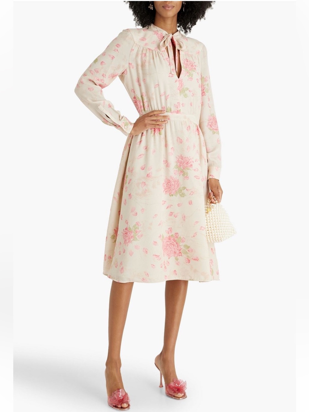 Valentino Cream Midi Dress with Pink Floral Print